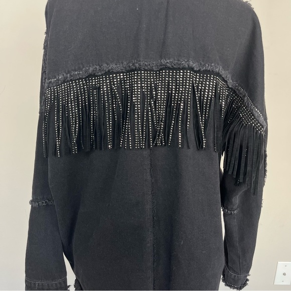 ZARA DENIM EMBELLISHED FRINGE BUTTON UP SHIRT JACKET SIZE SMALL IN BLACK - Picture 13 of 16